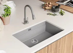 PRIMAGRAN Evier Sous Plan Gris 76x47cm, Evier en Granit 1 bac + Kit de Vidage + Accessoires, Évier au meuble 80cm - Prague