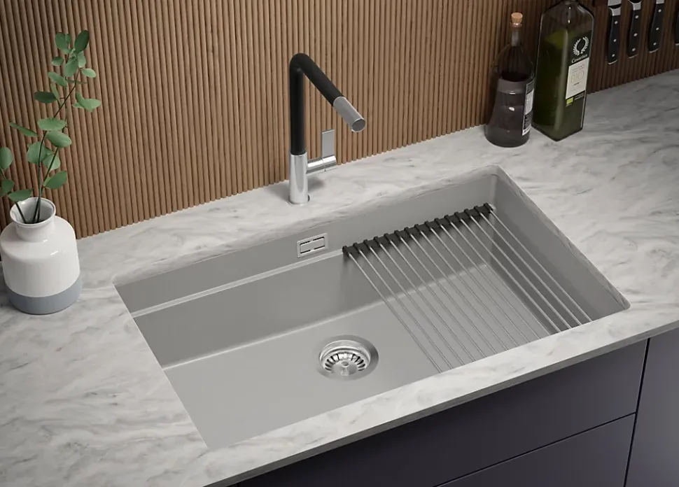 PRIMAGRAN Evier Sous Plan Gris 76x47cm, Evier en Granit 1 bac + Kit de Vidage + Accessoires, Évier au meuble 80cm - Prague