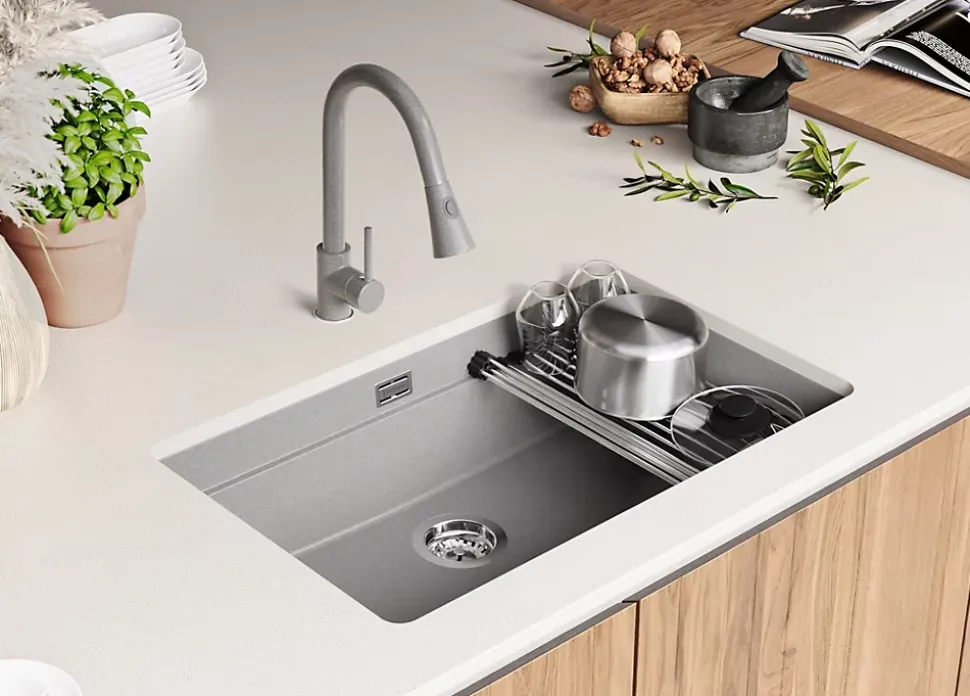 PRIMAGRAN Evier Sous Plan Gris 76x47cm, Evier en Granit 1 bac + Kit de Vidage + Accessoires, Évier au meuble 80cm - Prague