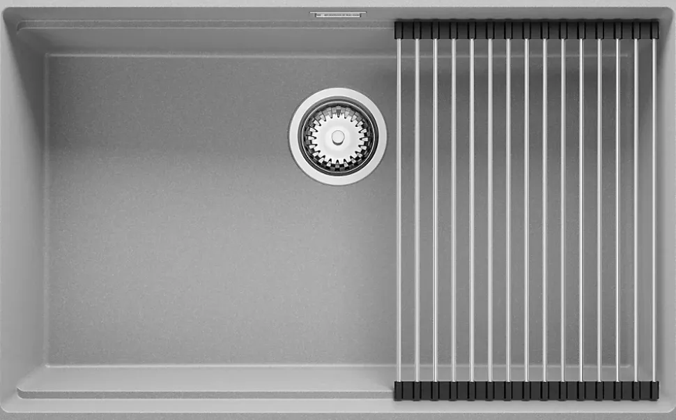 PRIMAGRAN Evier Sous Plan Gris 76x47cm, Evier en Granit 1 bac + Kit de Vidage + Accessoires, Évier au meuble 80cm - Prague