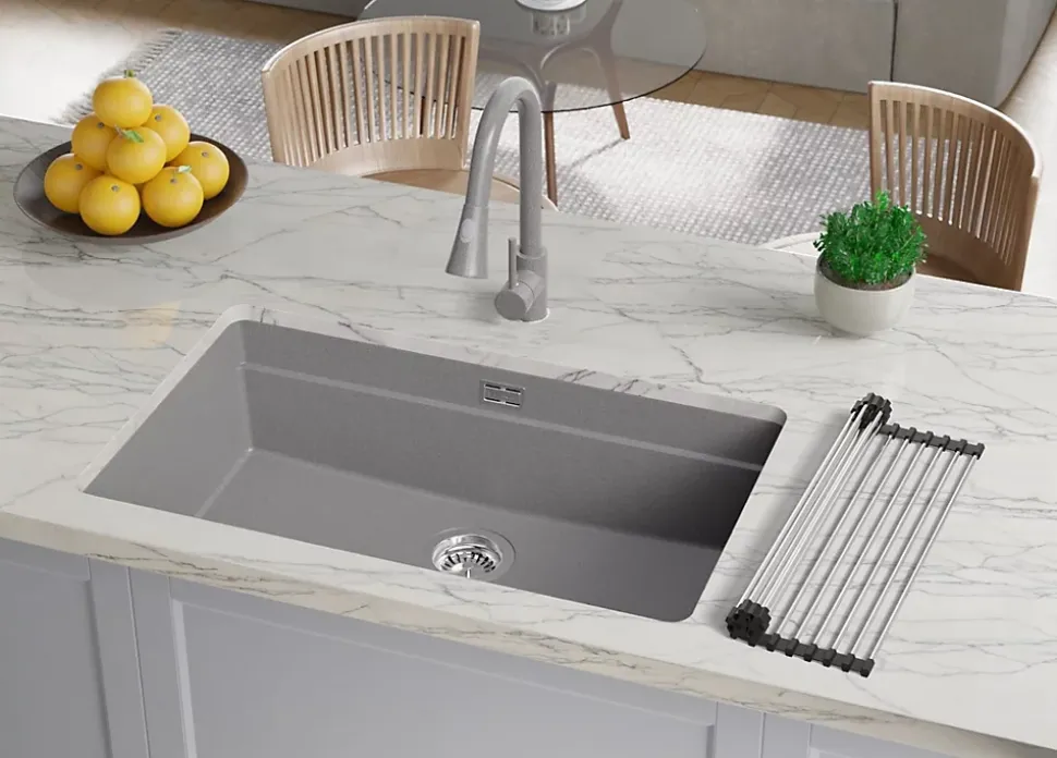 PRIMAGRAN Evier Sous Plan Gris 76x47cm, Evier en Granit 1 bac + Kit de Vidage + Accessoires, Évier au meuble 80cm - Prague