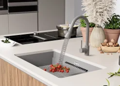 PRIMAGRAN Evier Sous Plan Gris 76x47cm, Evier en Granit 1 bac + Kit de Vidage + Accessoires, Évier au meuble 80cm - Prague