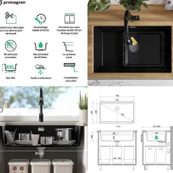 PRIMAGRAN Evier Sous Plan Gris 76x47cm, Evier en Granit 1 bac + Kit de Vidage + Accessoires, Évier au meuble 80cm - Prague