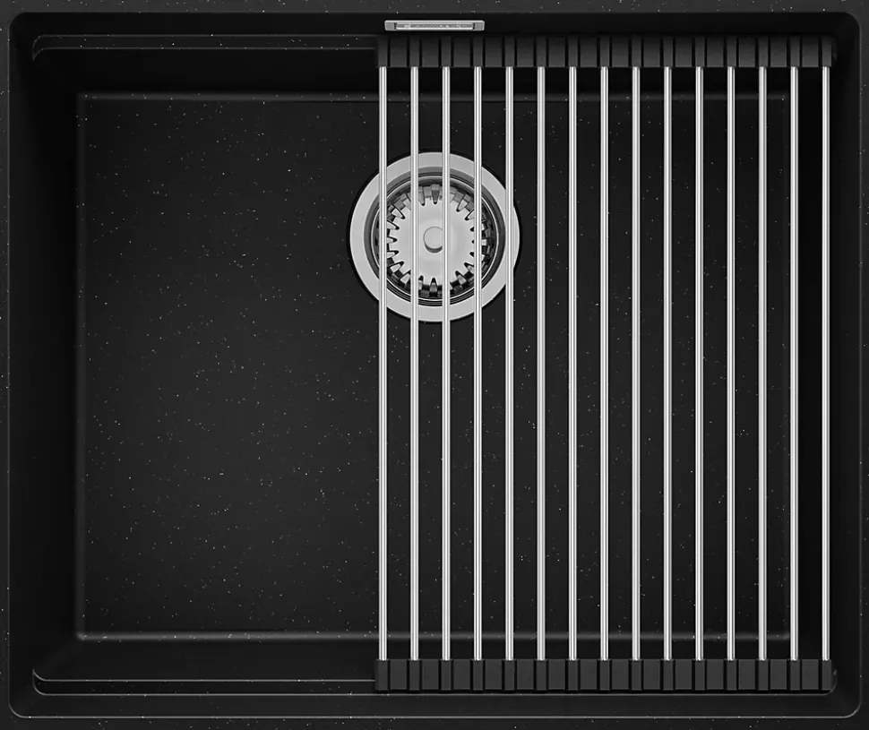 PRIMAGRAN Evier Sous Plan Noir Métallisé 56x47cm, Evier en Granit 1 bac + Kit de Vidage + Accessoires, Évier au meuble 60cm