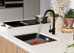 PRIMAGRAN Evier Sous Plan Noir Métallisé 56x47cm, Evier en Granit 1 bac + Kit de Vidage + Accessoires, Évier au meuble 60cm