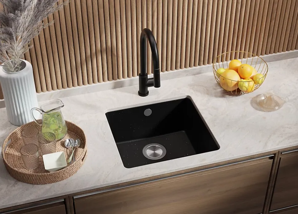 PRIMAGRAN Evier Sous Plan Noir Métallisé 46x44cm, Evier en Granit 1 bac + Kit de Vidage, Évier au meuble 50cm - Venise Easy