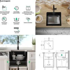 PRIMAGRAN Evier Sous Plan Noir Métallisé 46x44cm, Evier en Granit 1 bac + Kit de Vidage, Évier au meuble 50cm - Venise Easy