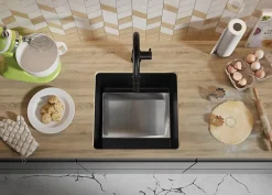 PRIMAGRAN Evier Sous Plan Noir Métallisé 46x44cm, Evier en Granit 1 bac + Kit de Vidage, Évier au meuble 50cm - Venise Easy