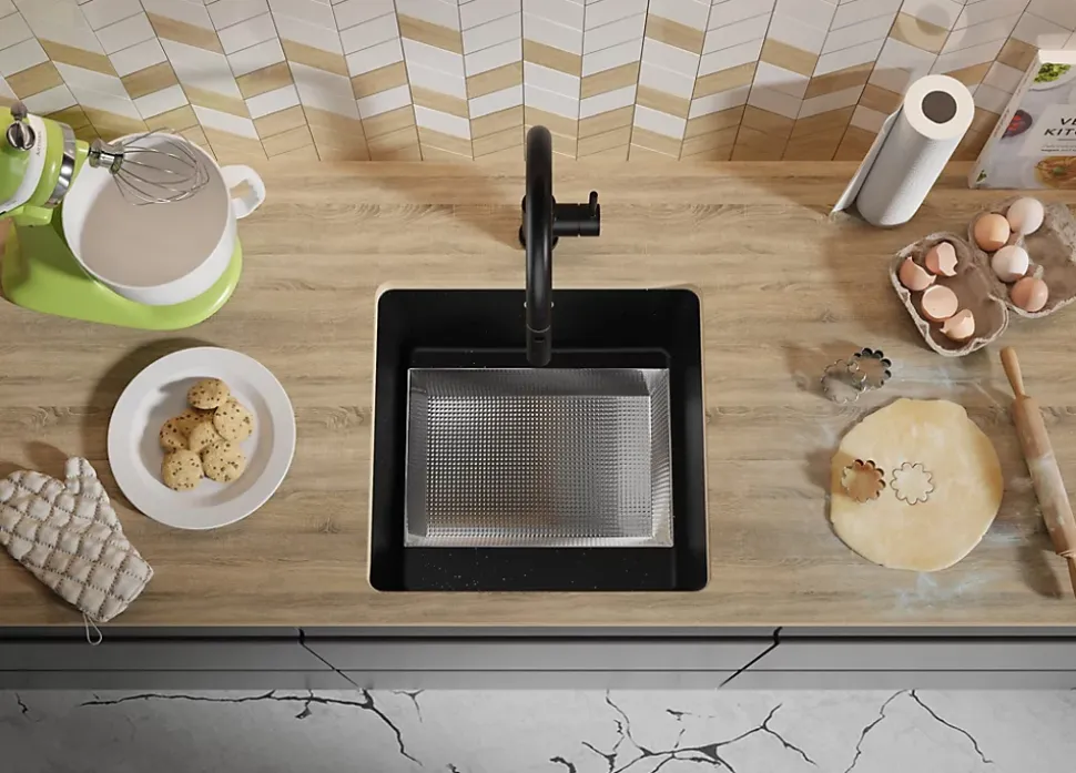 PRIMAGRAN Evier Sous Plan Noir Métallisé 46x44cm, Evier en Granit 1 bac + Kit de Vidage, Évier au meuble 50cm - Venise Easy