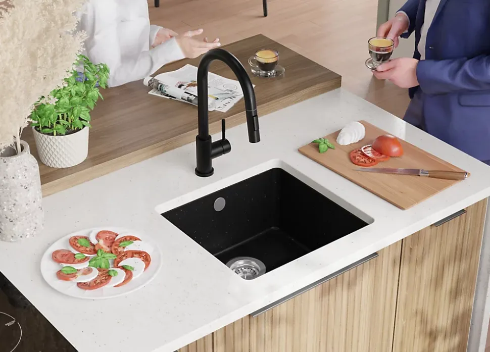 PRIMAGRAN Evier Sous Plan Noir Métallisé 46x44cm, Evier en Granit 1 bac + Kit de Vidage, Évier au meuble 50cm - Venise Easy