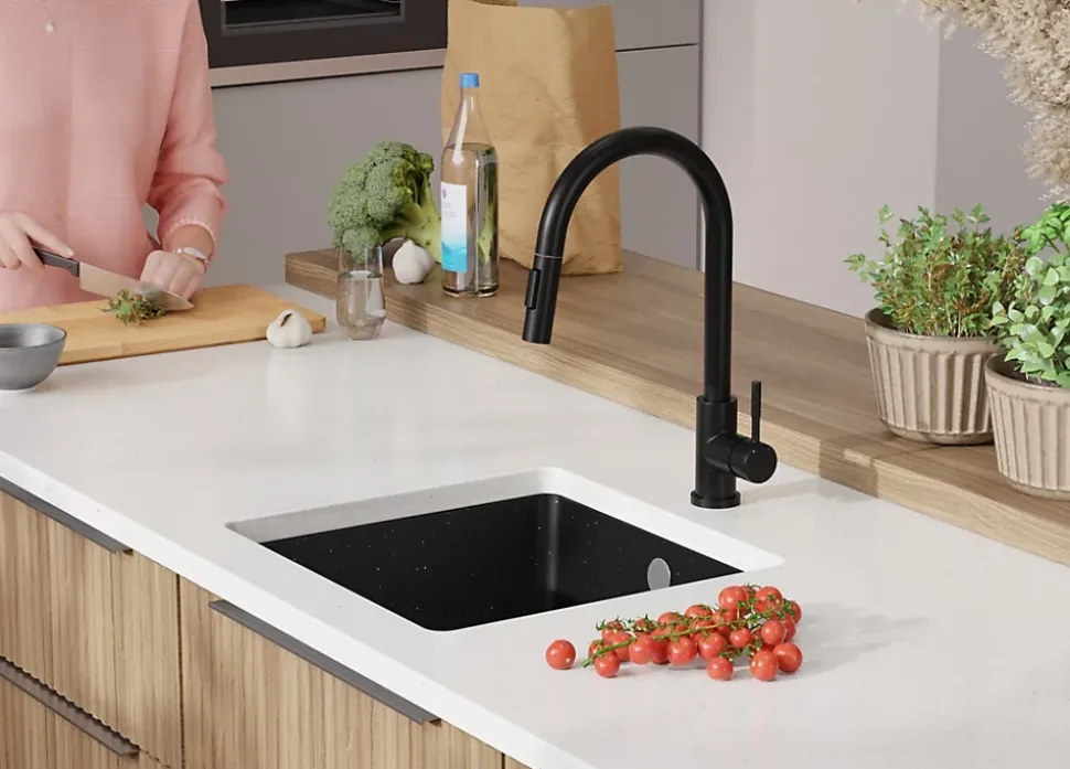 PRIMAGRAN Evier Sous Plan Noir Métallisé 46x44cm, Evier en Granit 1 bac + Kit de Vidage, Évier au meuble 50cm - Venise Easy