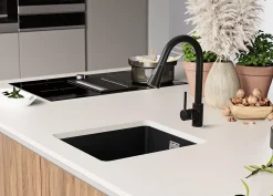 PRIMAGRAN Evier Sous Plan Noir Métallisé 41x47cm, Evier en Granit 1 bac + Kit de Vidage, Évier au meuble 45cm - London