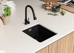 PRIMAGRAN Evier Sous Plan Noir Métallisé 41x47cm, Evier en Granit 1 bac + Kit de Vidage, Évier au meuble 45cm - London