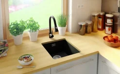 PRIMAGRAN Evier Sous Plan Noir Métallisé 41x47cm, Evier en Granit 1 bac + Kit de Vidage, Évier au meuble 45cm - London