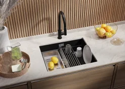 PRIMAGRAN Evier Sous Plan Noir 56x47cm, Evier en Granit 1 bac + Kit de Vidage + Accessoires, Évier au meuble 60cm - Prague