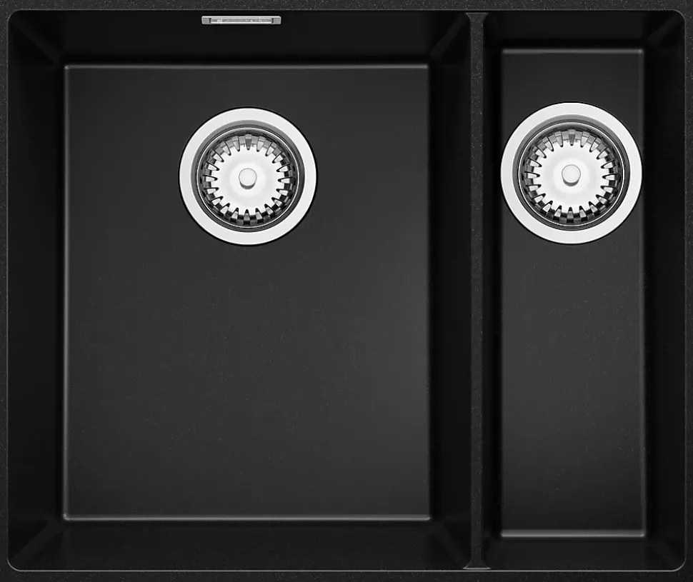 PRIMAGRAN Evier Sous Plan Noir 56x47cm, Evier en Granit 1,5 bacs + Kit de Vidage, Évier au meuble 60cm - London Duo