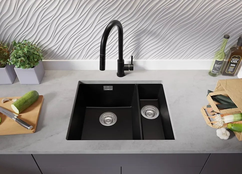 PRIMAGRAN Evier Sous Plan Noir 56x47cm, Evier en Granit 1,5 bacs + Kit de Vidage, Évier au meuble 60cm - London Duo