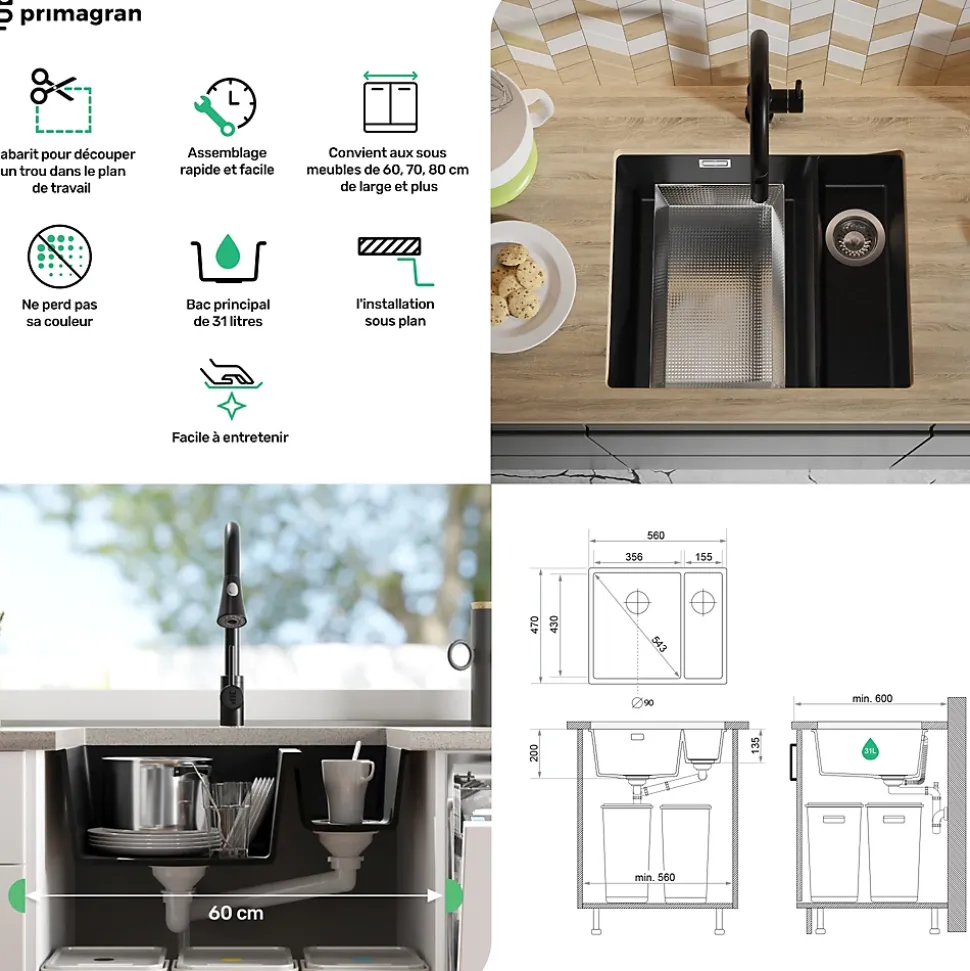 PRIMAGRAN Evier Sous Plan Noir 56x47cm, Evier en Granit 1,5 bacs + Kit de Vidage, Évier au meuble 60cm - London Duo