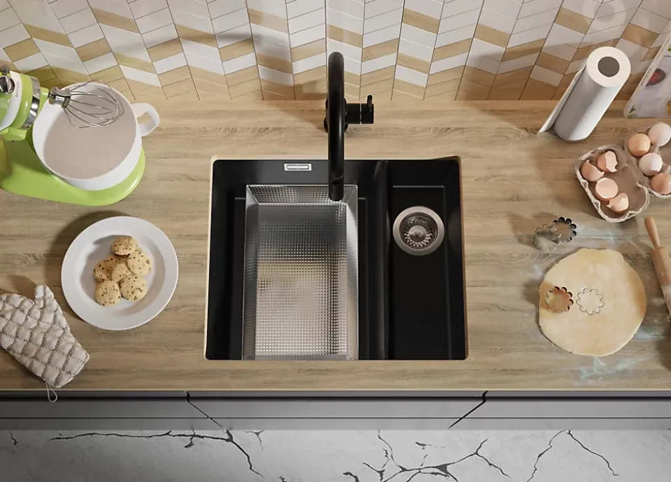 PRIMAGRAN Evier Sous Plan Noir 56x47cm, Evier en Granit 1,5 bacs + Kit de Vidage, Évier au meuble 60cm - London Duo