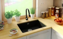 PRIMAGRAN Evier Sous Plan Noir Métallisé 66x47cm, Evier en Granit 1 bac + Kit de Vidage, Évier au meuble 70cm - London