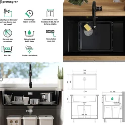 PRIMAGRAN Evier Sous Plan Noir 76x47cm, Evier en Granit 1 bac + Kit de Vidage, Évier au meuble 80cm - London