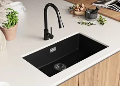 PRIMAGRAN Evier Sous Plan Noir 76x47cm, Evier en Granit 1 bac + Kit de Vidage, Évier au meuble 80cm - London