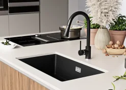 PRIMAGRAN Evier Sous Plan Tout Noir 76x47cm, Evier en Granit 1 bac + Kit de Vidage, Évier au meuble 80cm - London