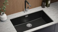 PRIMAGRAN Evier Sous Plan Tout Noir 76x47cm, Evier en Granit 1 bac + Kit de Vidage, Évier au meuble 80cm - London