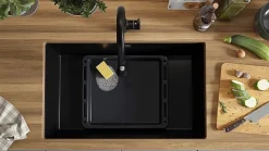 PRIMAGRAN Evier Sous Plan Tout Noir 76x47cm, Evier en Granit 1 bac + Kit de Vidage, Évier au meuble 80cm - London