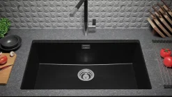 PRIMAGRAN Evier Sous Plan Tout Noir 76x47cm, Evier en Granit 1 bac + Kit de Vidage, Évier au meuble 80cm - London