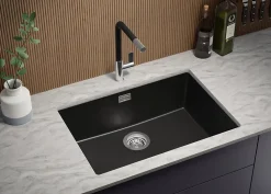 PRIMAGRAN Evier Sous Plan Tout Noir 66x47cm, Evier en Granit 1 bac + Kit de Vidage, Évier au meuble 70cm - London