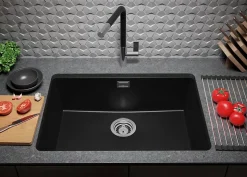 PRIMAGRAN Evier Sous Plan Tout Noir 66x47cm, Evier en Granit 1 bac + Kit de Vidage, Évier au meuble 70cm - London