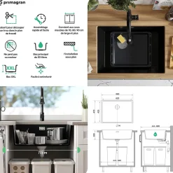 PRIMAGRAN Evier Sous Plan Tout Noir 66x47cm, Evier en Granit 1 bac + Kit de Vidage, Évier au meuble 70cm - London
