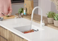 PRIMAGRAN Evier Sous Plan Blanc 46x47cm, Evier en Granit 1 bac + Kit de Vidage + Accessoires, Évier au meuble 50cm - Prague