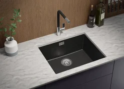 PRIMAGRAN Evier Sous Plan Graphite 56x47cm, Evier en Granit 1 bac + Kit de Vidage, Évier au meuble 60cm - London