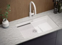 PRIMAGRAN Evier Sous Plan Blanc 76x47cm, Evier en Granit 1 bac + Kit de Vidage + Accessoires, Évier au meuble 80cm - Prague