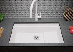 PRIMAGRAN Evier Sous Plan Blanc 76x47cm, Evier en Granit 1 bac + Kit de Vidage + Accessoires, Évier au meuble 80cm - Prague