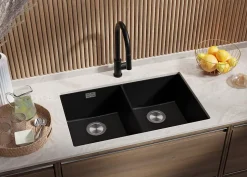 PRIMAGRAN Evier Sous Plan Noir Métallisé 76x47cm, Evier en Granit 2 bacs + Kit de Vidage, Évier au meuble 80cm - London Twin