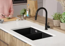 PRIMAGRAN Evier Sous Plan Noir Métallisé 76x47cm, Evier en Granit 2 bacs + Kit de Vidage, Évier au meuble 80cm - London Twin