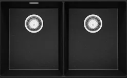 PRIMAGRAN Evier Sous Plan Noir Métallisé 76x47cm, Evier en Granit 2 bacs + Kit de Vidage, Évier au meuble 80cm - London Twin