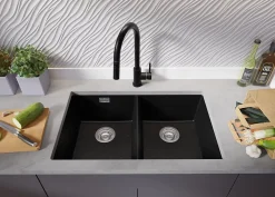 PRIMAGRAN Evier Sous Plan Noir Métallisé 76x47cm, Evier en Granit 2 bacs + Kit de Vidage, Évier au meuble 80cm - London Twin