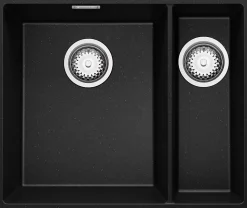 PRIMAGRAN Evier Sous Plan Noir Métallisé 56x47cm, Evier en Granit 1,5 bacs + Kit de Vidage, Évier au meuble 60cm - London Duo