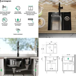 PRIMAGRAN Evier Sous Plan Noir Métallisé 56x47cm, Evier en Granit 1,5 bacs + Kit de Vidage, Évier au meuble 60cm - London Duo