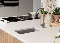 PRIMAGRAN Evier Sous Plan Gris 26x47cm, Evier en Granit 1 bac + Kit de Vidage, Évier au meuble 30cm - London