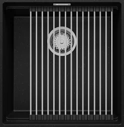 PRIMAGRAN Evier Sous Plan Noir Métallisé 46x47cm, Evier en Granit 1 bac + Kit de Vidage + Accessoires, Évier au meuble 50cm