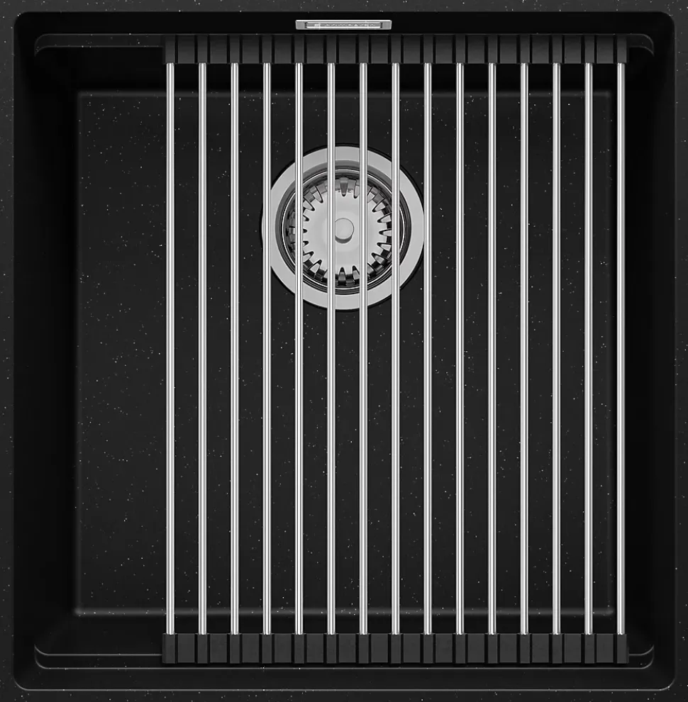 PRIMAGRAN Evier Sous Plan Noir Métallisé 46x47cm, Evier en Granit 1 bac + Kit de Vidage + Accessoires, Évier au meuble 50cm