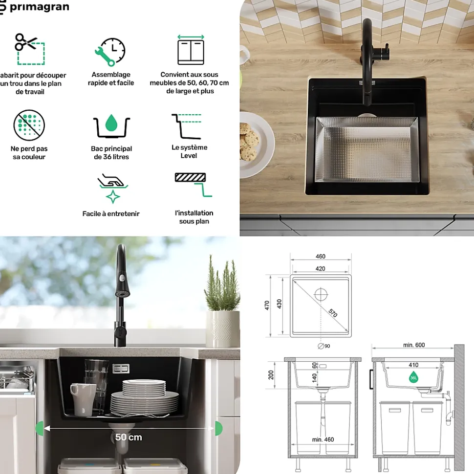 PRIMAGRAN Evier Sous Plan Noir Métallisé 46x47cm, Evier en Granit 1 bac + Kit de Vidage + Accessoires, Évier au meuble 50cm