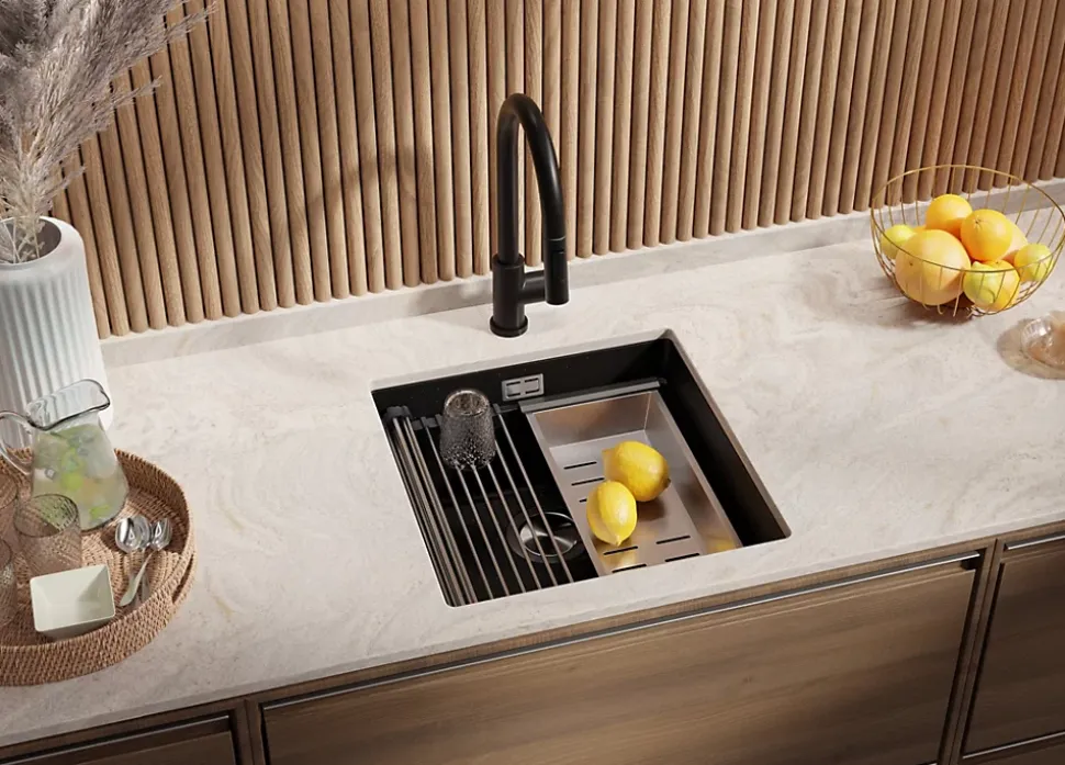 PRIMAGRAN Evier Sous Plan Noir Métallisé 46x47cm, Evier en Granit 1 bac + Kit de Vidage + Accessoires, Évier au meuble 50cm