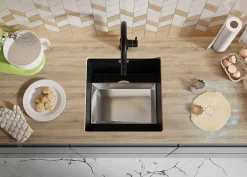 PRIMAGRAN Evier Sous Plan Noir Métallisé 46x47cm, Evier en Granit 1 bac + Kit de Vidage + Accessoires, Évier au meuble 50cm