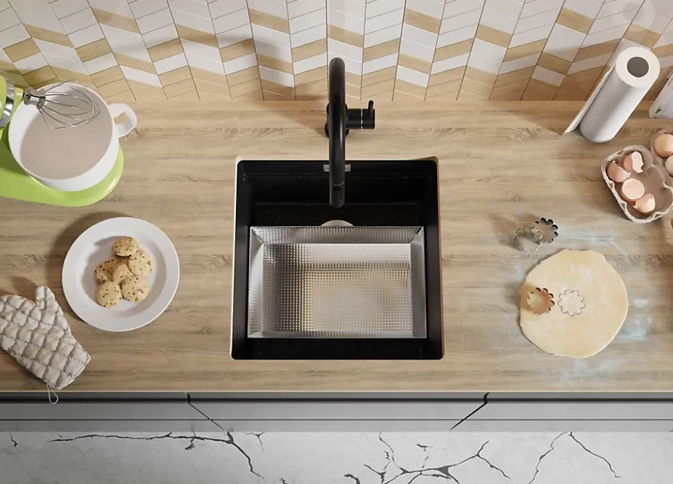 PRIMAGRAN Evier Sous Plan Noir Métallisé 46x47cm, Evier en Granit 1 bac + Kit de Vidage + Accessoires, Évier au meuble 50cm